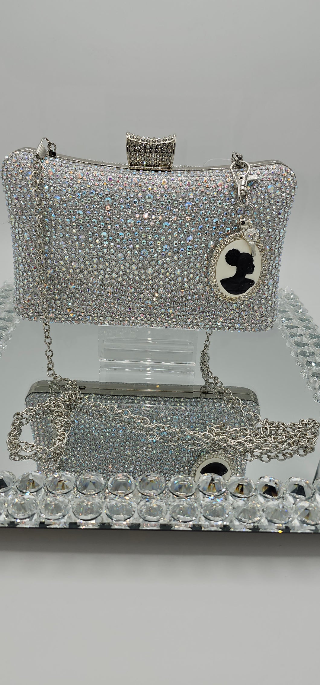 Aurora Borealis Rhinestone Evening Clutch with Sister You Hold the Key Handbag Charm